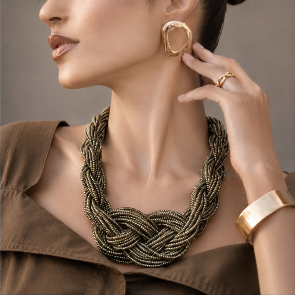 Braided Seed Bead Statement Necklace - Olive Green